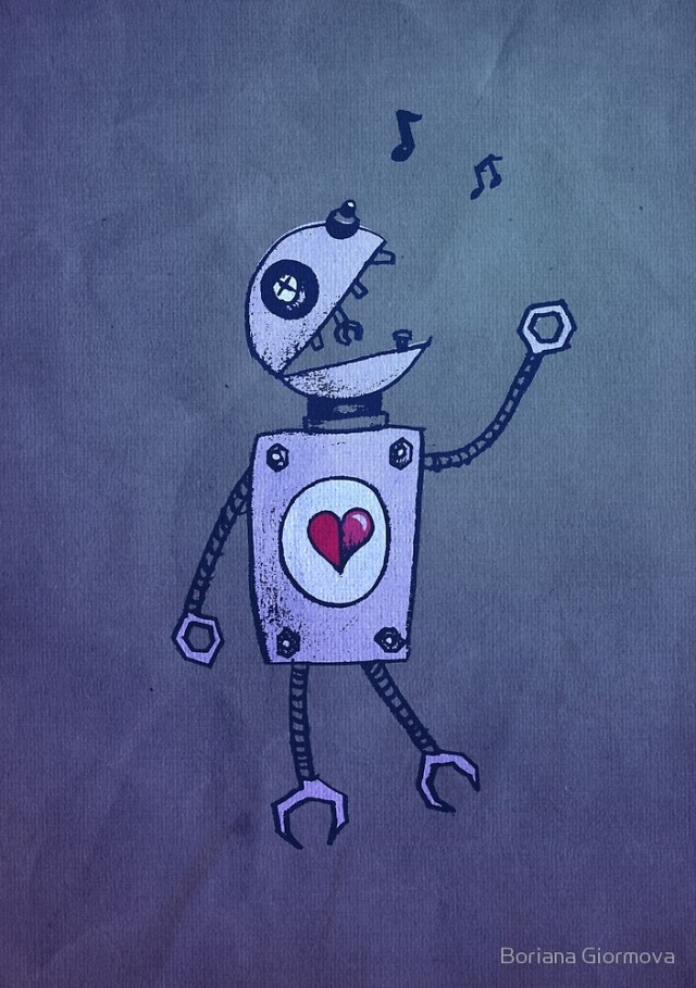 Geek art print with an illustration of a cartoon robot singer