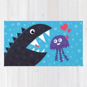Cartoon jellyfish and sea monster in love rug at Society6