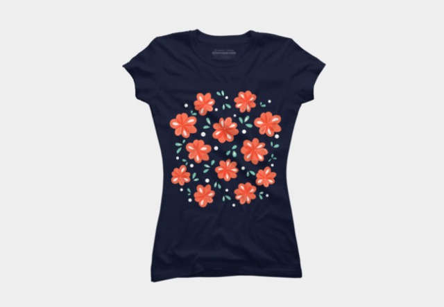 Dark tee with a decorative red flowers pattern