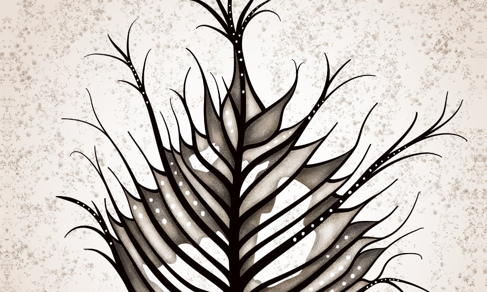 Абстрактна илюстрация на есенно листо с дупки и жилки, простиращи се извън петурата в сепия тонове. Рисувана от Боряна Гьорова, София, България