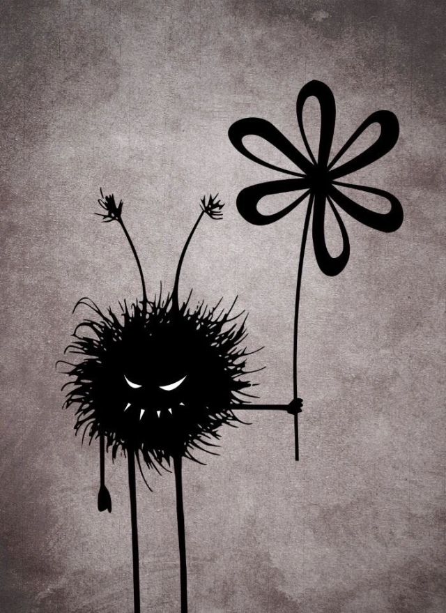 Evil black hairy character with sharp teeth grinning and golding a flower against dark grunge textured background 