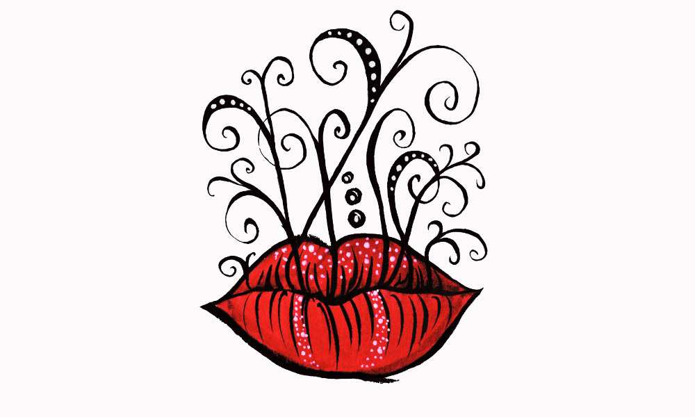 Илюстрация с мастило на червени устни с декоративни елементи. Автор: Боряна Гьормова, София, България