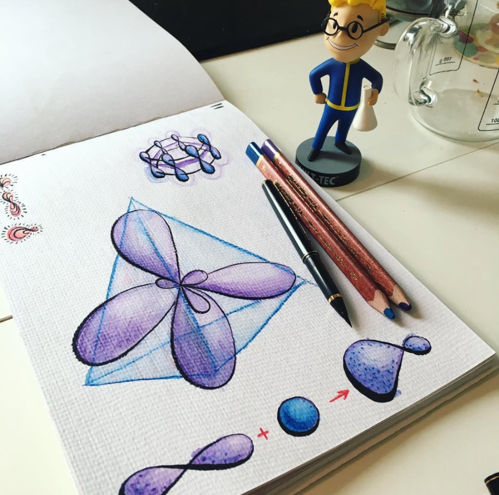 Original drawing of benzene molecule, methane molecule and atomic orbitals in ink and watercolor pencils