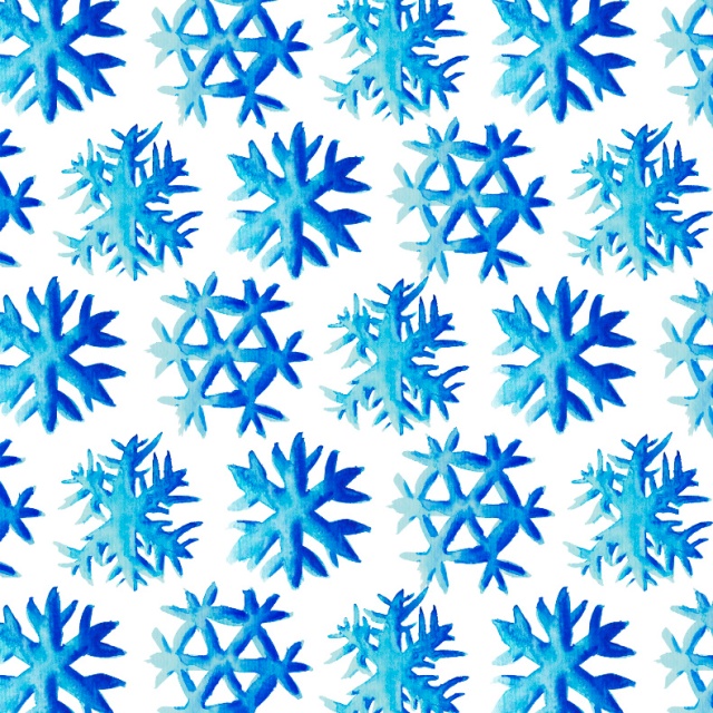 Blue snowflakes pattern created from watercolor drawings of snowflakes with three different shapes. Created by Boriana Giormova, Sofia, Bulgaria