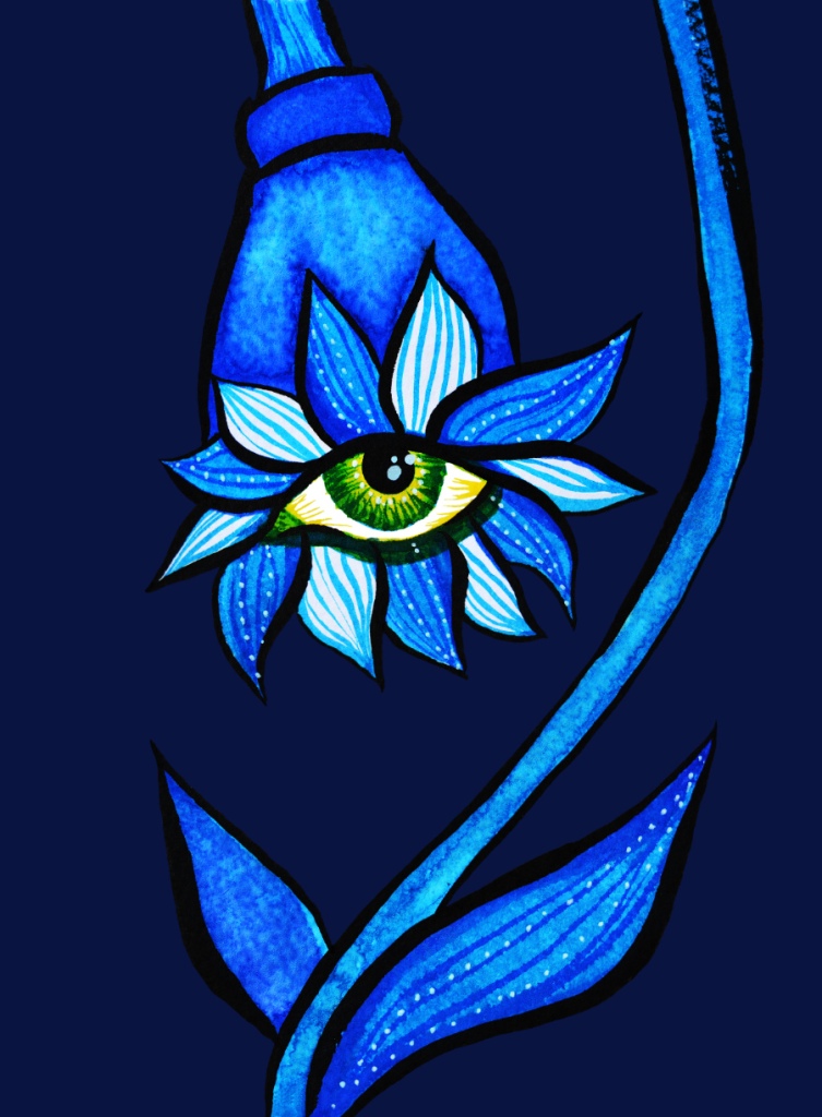 Weird spooky eye artwork in shades of blue depicting a flower with blue petals with decorative elements and a weird yellowish-green eye in the center of them. Drawn in ink and watercolor by Boriana Giormova, Sofia, Bulgaria