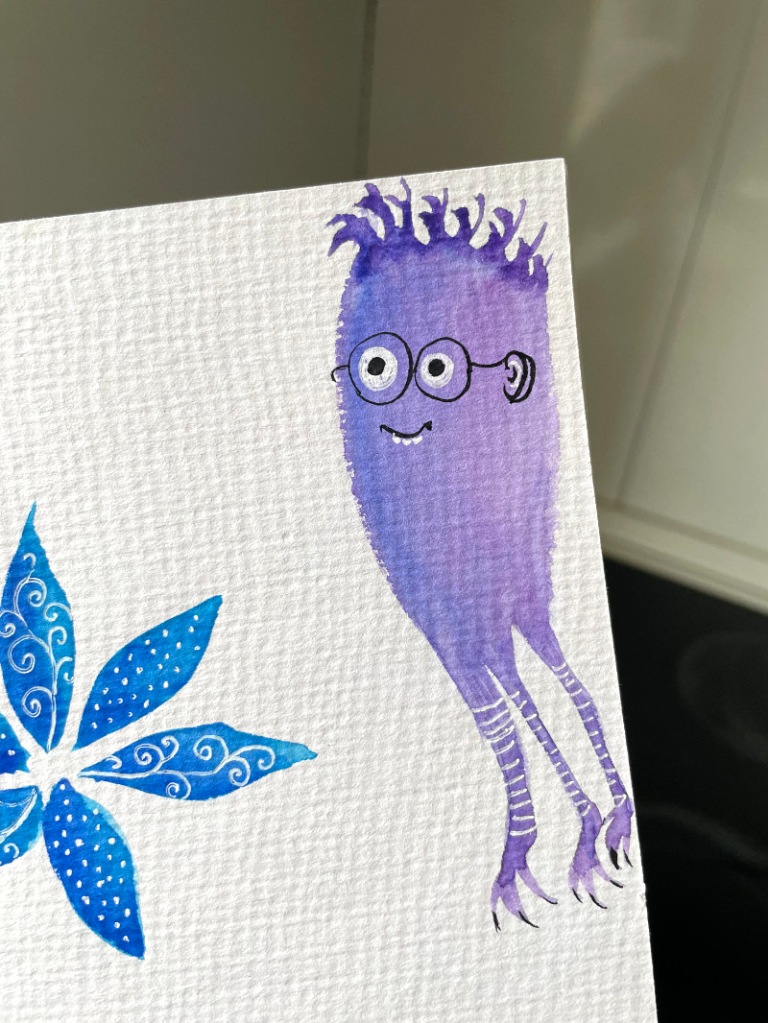 photo of original watercolor and ink drawing of the nerdy creature