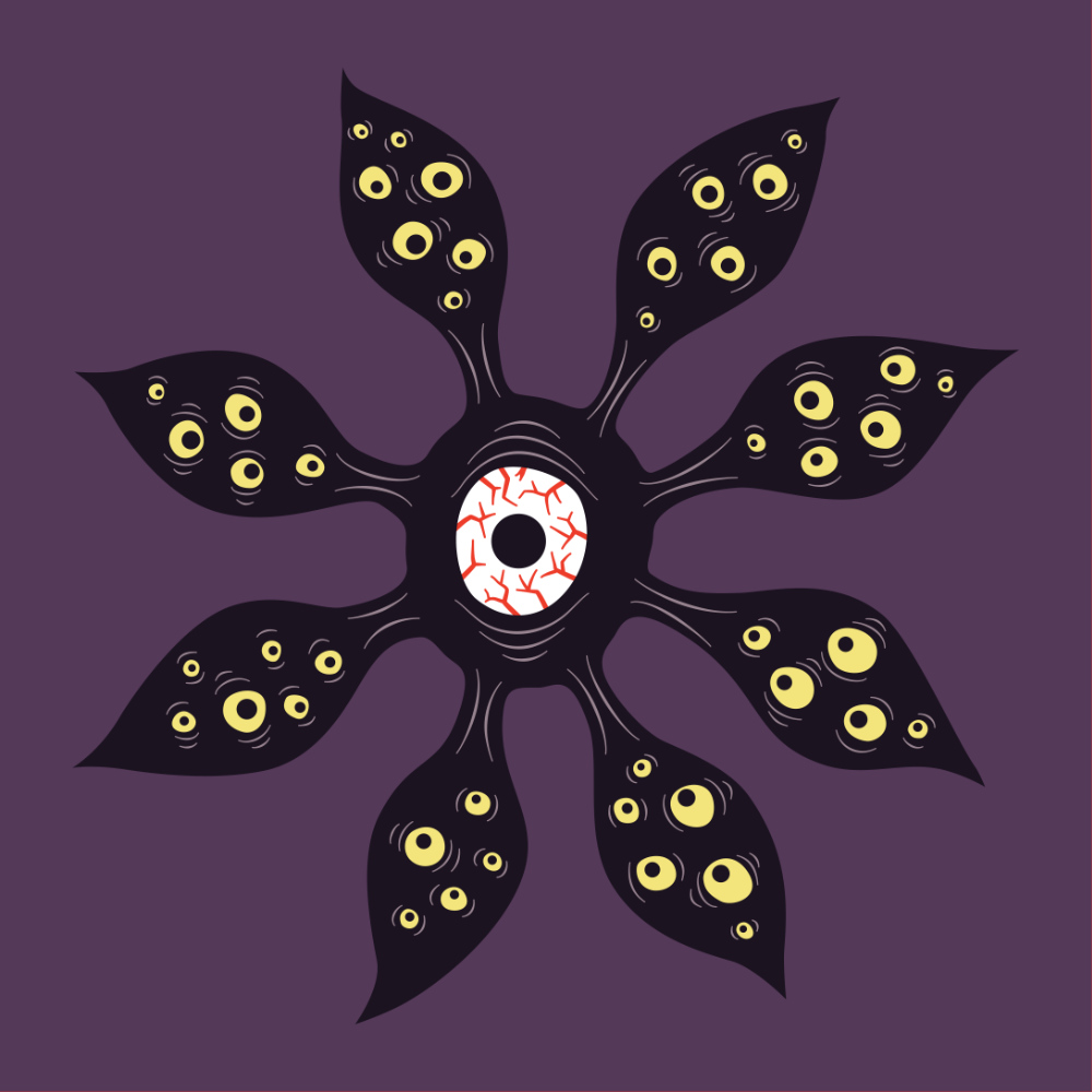 artwork which depicts an evil eye monster with flower shape in black with many creepy weird yellow eyes on the petals which is available in two variations - on dark purple background